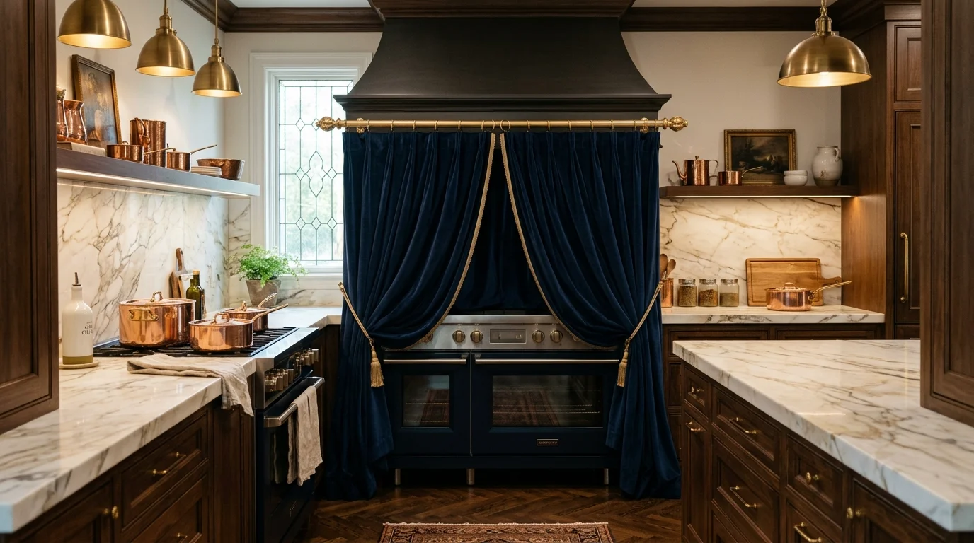 A luxury kitchen oven curtain cover made from heavy velvet fabric in deep navy, gold curtain rod accents, elegant marble countertops, dramatic soft lighting, symmetrical composition, no people
