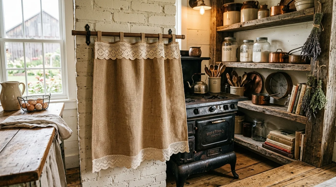 A rustic oven curtain cover with burlap fabric and lace trim details, farmhouse kitchen with distressed wood shelves, antique decor elements, warm cozy lighting, angled shot, no people