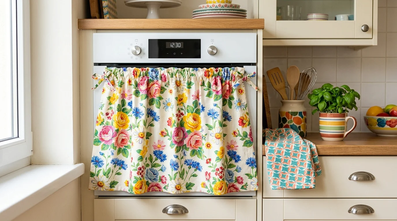 A playful patterned oven curtain cover with floral print fabric, colorful kitchen accessories, cheerful and bright aesthetic, natural daylight, front-facing composition, no people