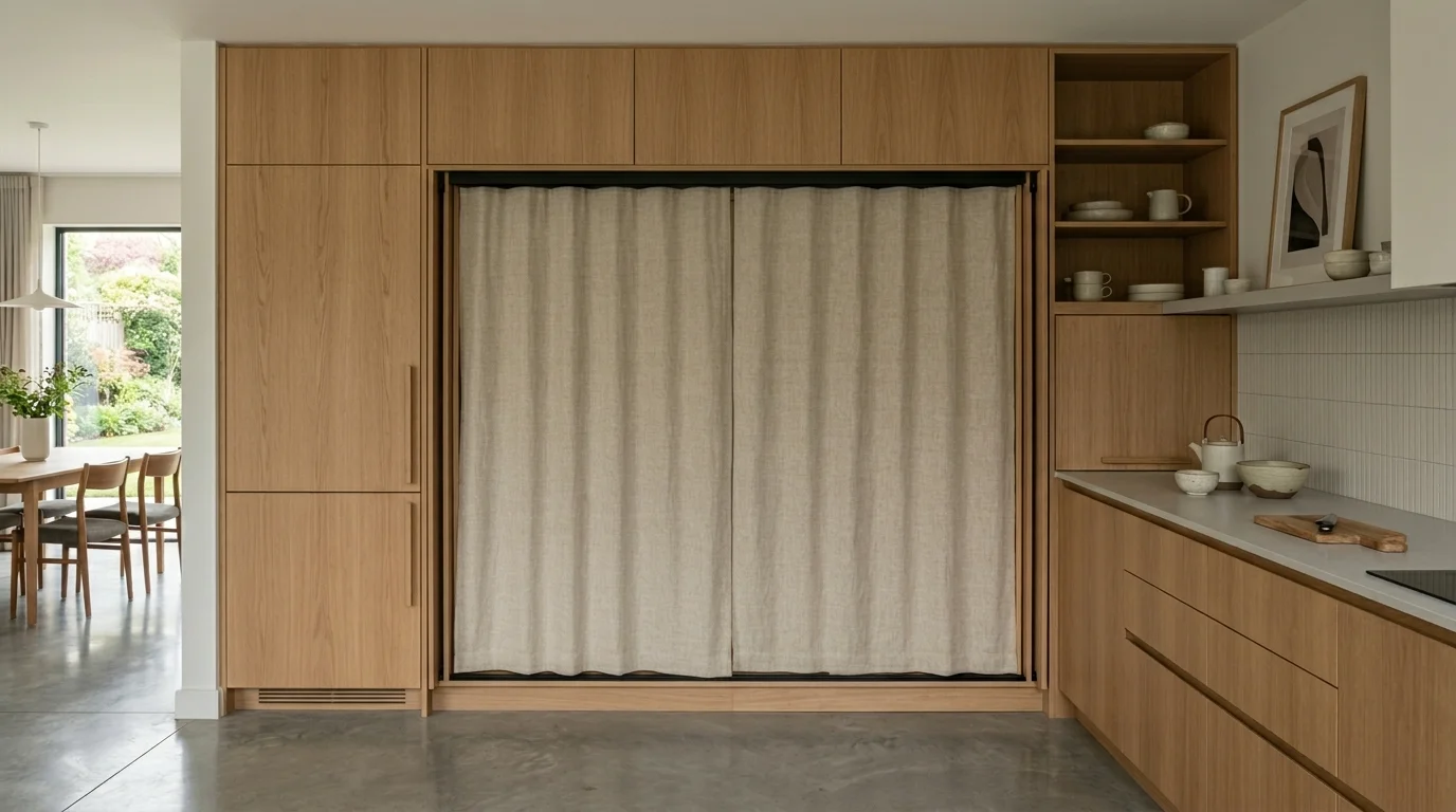 A minimalist hidden oven curtain design using sliding fabric panels integrated into cabinetry, modern kitchen with clean lines, neutral palette, soft shadowed lighting, wide-angle shot, no people
