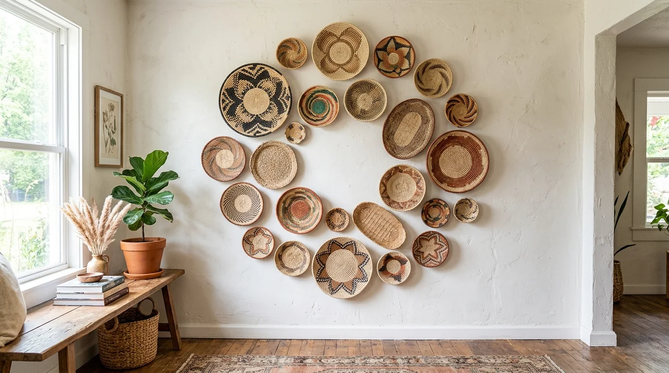 A creative wall display with woven baskets of different sizes and patterns arranged in a circular layout bright natural daylight textured boho gallery style no people