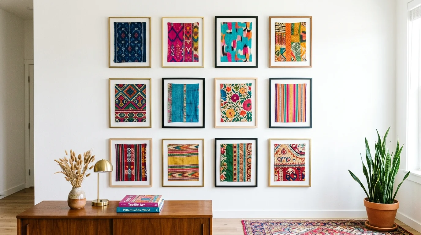 A gallery wall with framed fabric swatches in bold patterns and colors arranged symmetrically bright lighting artistic unconventional decor no people