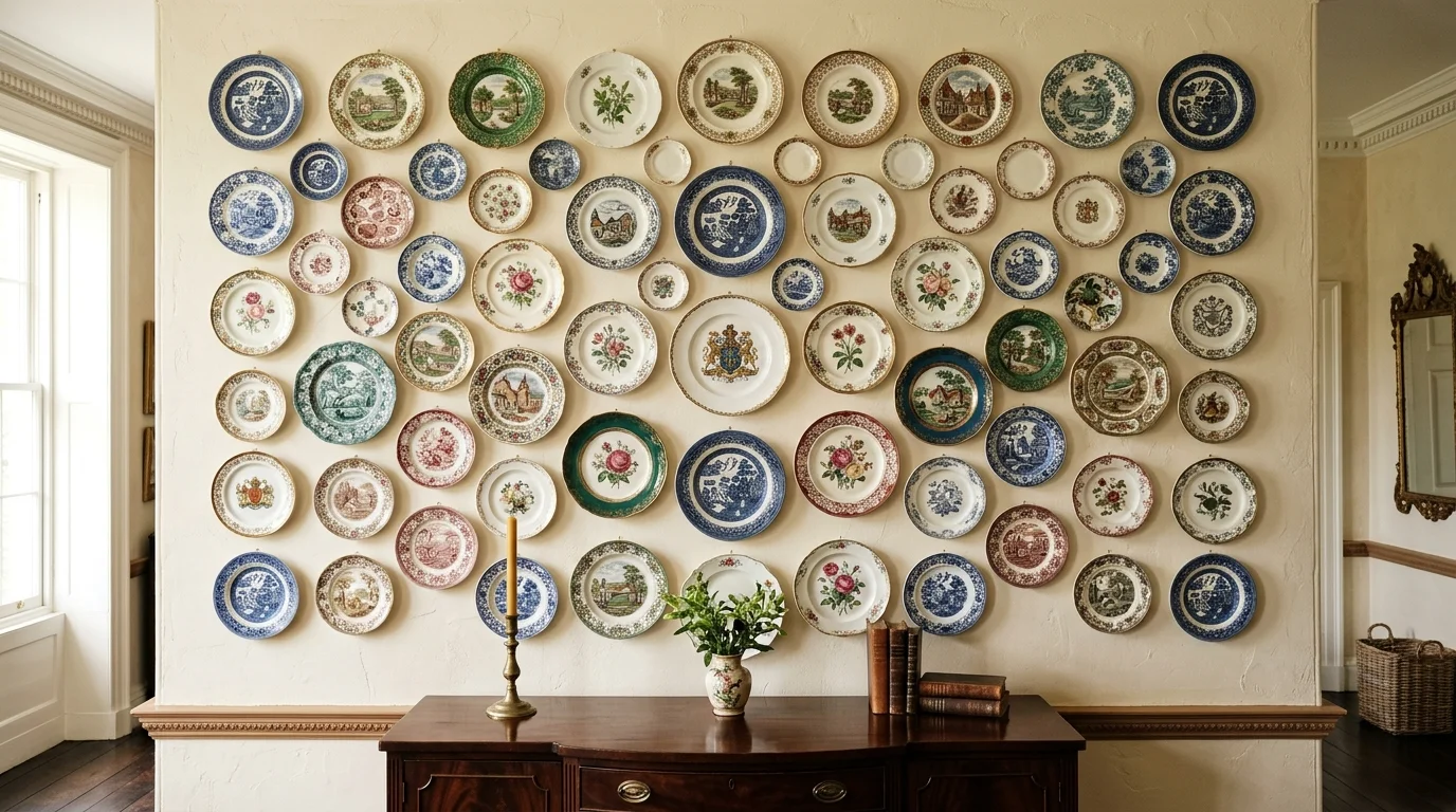 A wall featuring mounted antique plates in various designs arranged neatly bright lighting classic yet unusual display no people