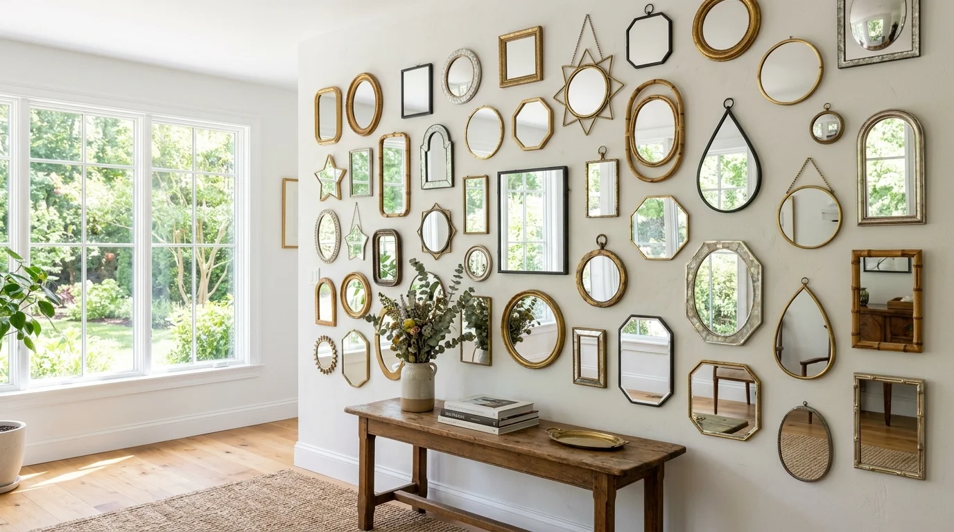A collection of small mirrors in different shapes arranged as a reflective gallery wall bright natural light visually dynamic decor no people
