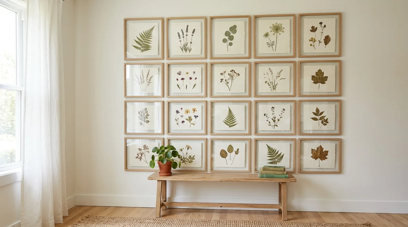 A gallery wall with pressed botanical specimens framed in glass arranged in a grid bright daylight nature inspired unique art no people