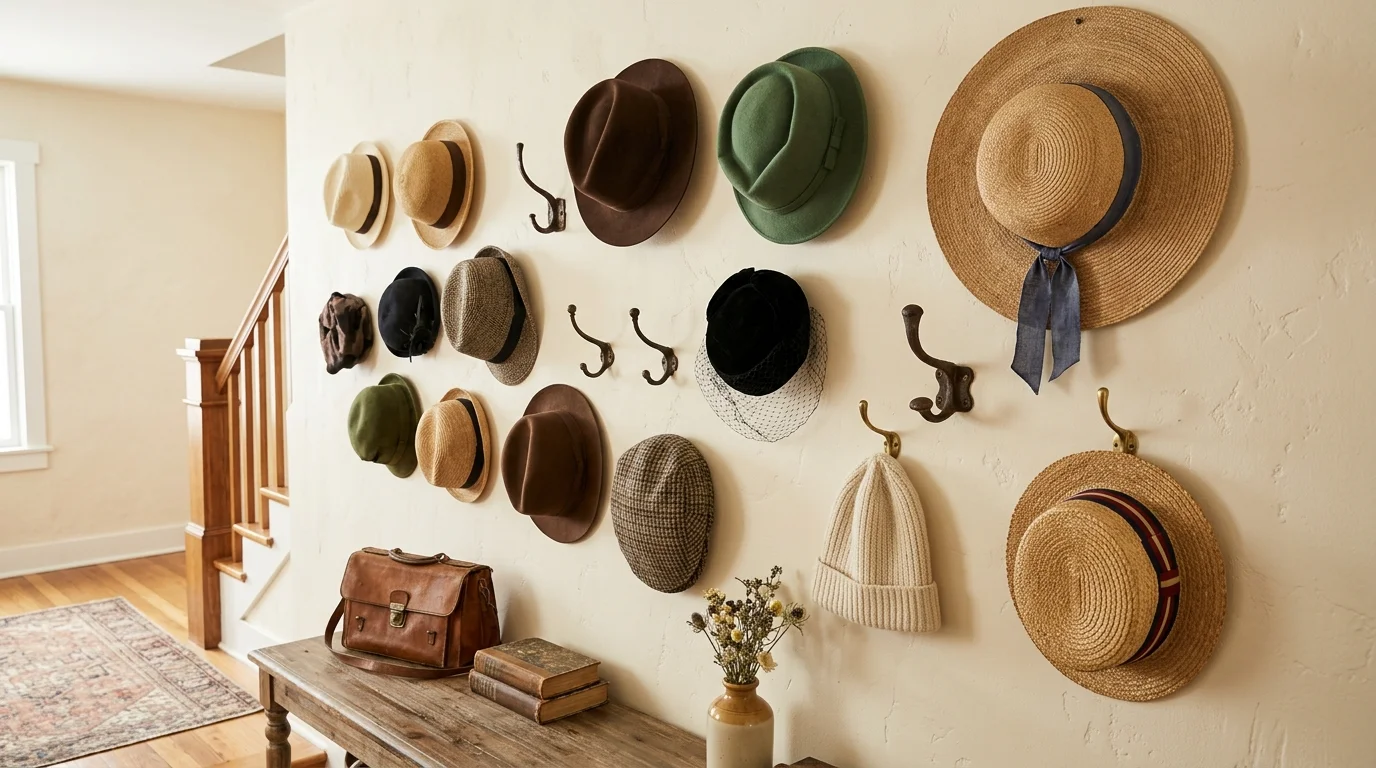 A display of vintage hats mounted on hooks forming an artistic arrangement soft lighting quirky personalized decor no people