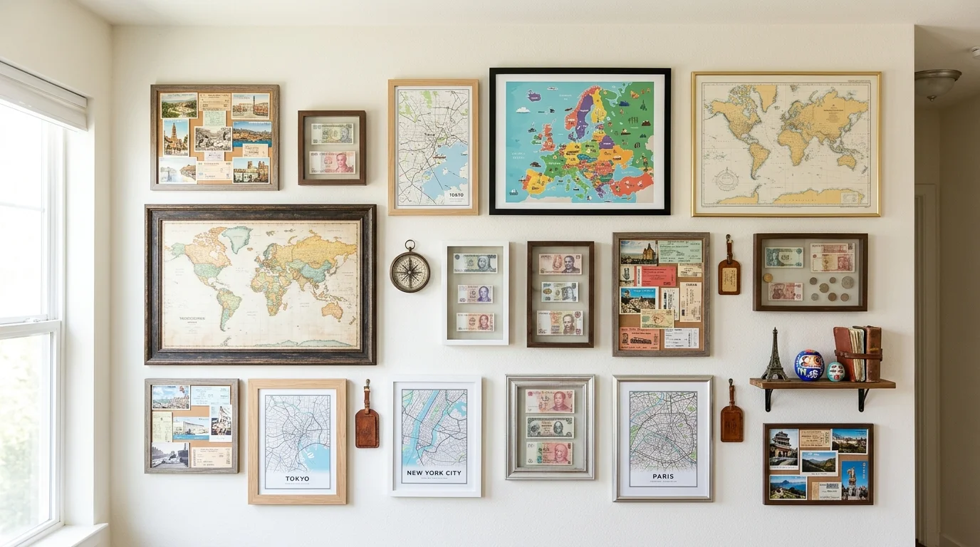 A wall with framed maps and travel memorabilia arranged creatively bright lighting storytelling gallery display no people