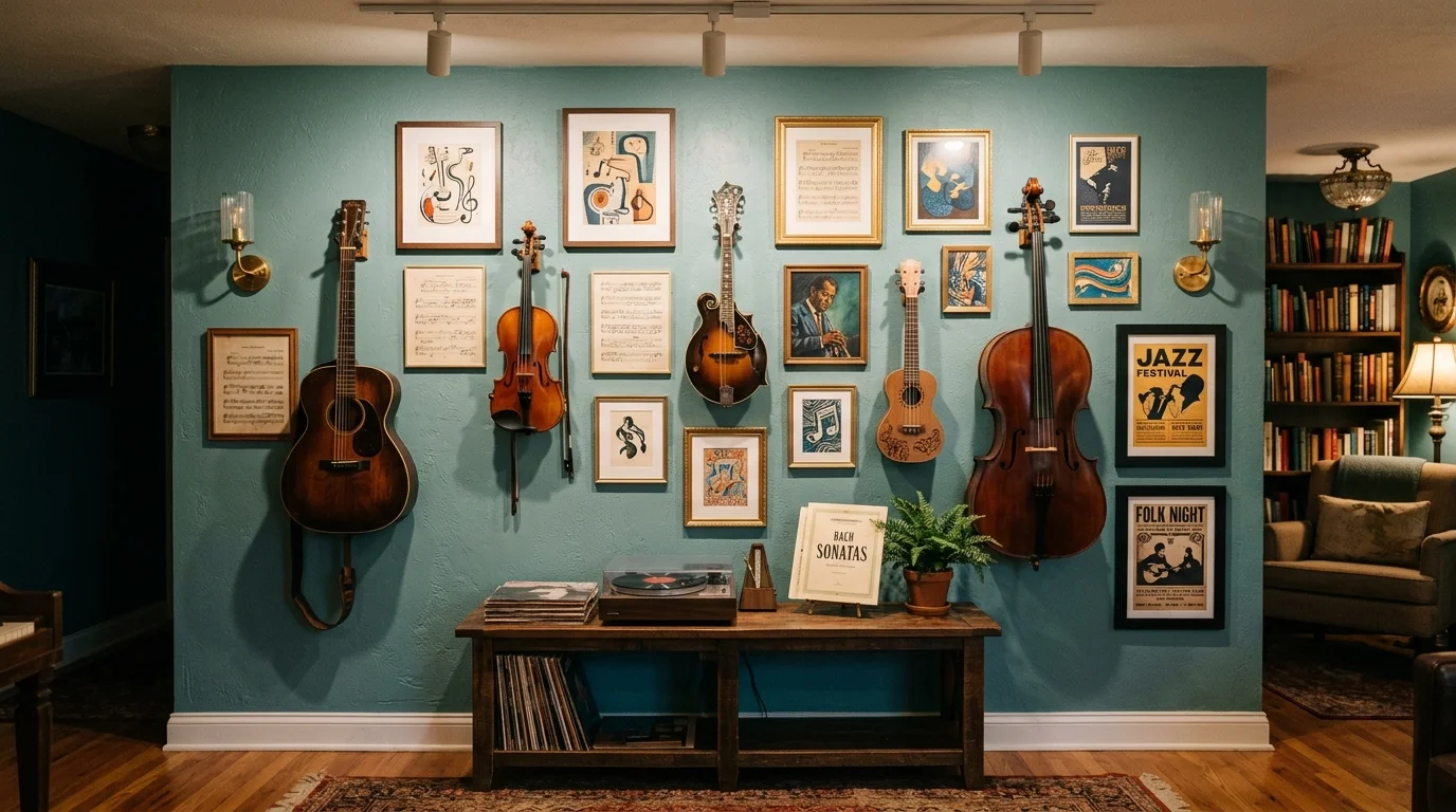 A gallery wall featuring musical instruments like small guitars or violins mounted as decor soft lighting artistic expressive design no people