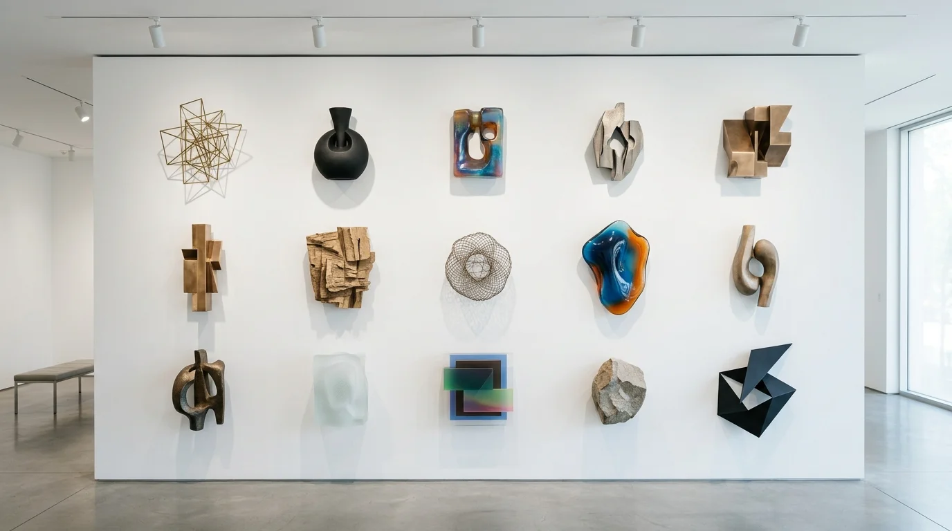 A collection of sculptural objects mounted on the wall in an organized pattern bright lighting modern unconventional art display no people