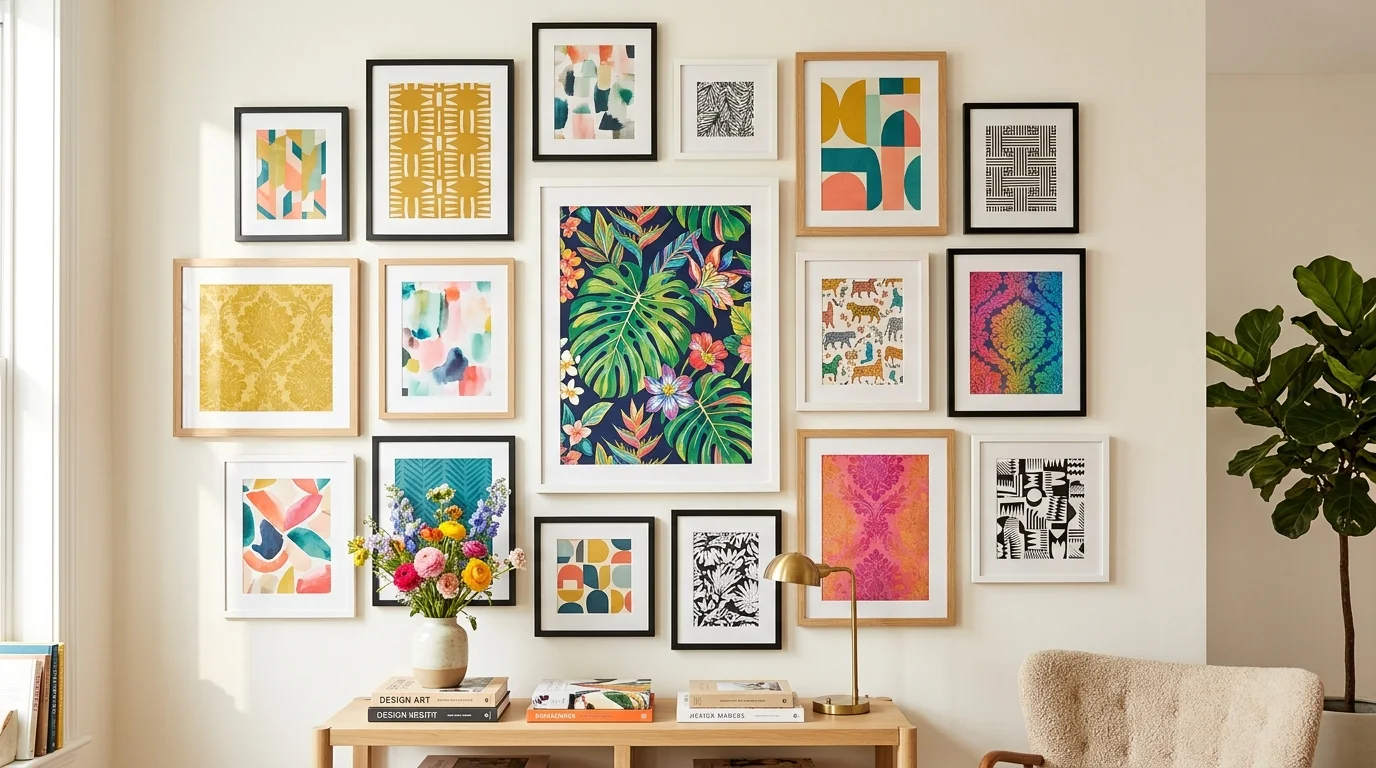 A gallery wall with framed wallpaper samples showcasing bold patterns bright natural light creative design focused decor no people