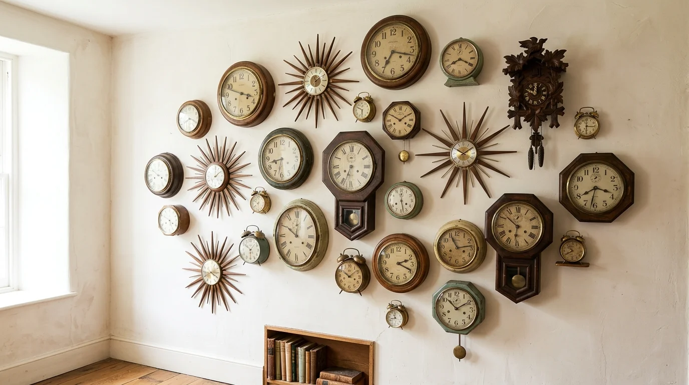 A display of vintage clocks arranged in a cluster on a wall bright lighting functional artistic statement no people
