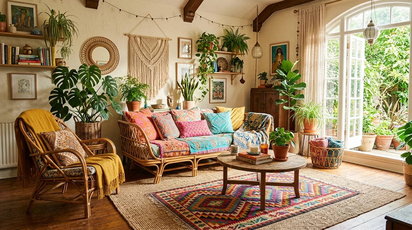 A colorful boho living room with layered textiles in orange, pink, and turquoise, rattan furniture, patterned rugs, and lush indoor plants, warm sunlight streaming in, relaxed eclectic vibe, no people