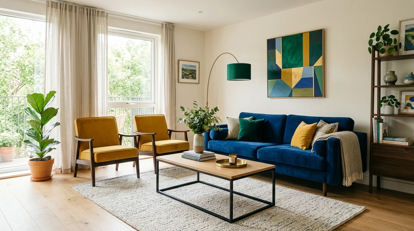 A modern vibrant living room with a deep blue sofa, mustard yellow armchairs, and emerald green accents, sleek coffee table, clean layout, soft diffused lighting, stylish balanced composition, no people