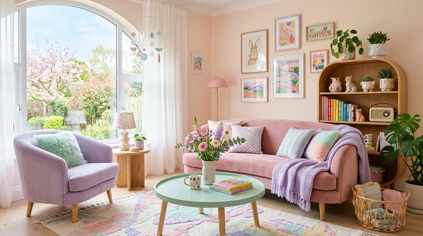 A playful pastel living room with soft pink, mint, and lavender tones, curved furniture, whimsical decor, airy natural light, cheerful and lighthearted mood, no people