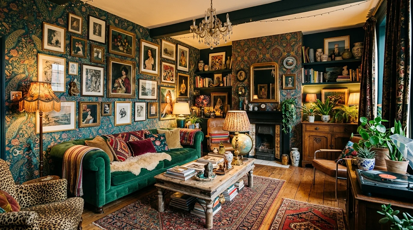 A maximalist living room filled with bold patterned wallpaper, colorful gallery wall, mixed furniture styles, and layered textures, dramatic lighting, creative expressive atmosphere, no people
