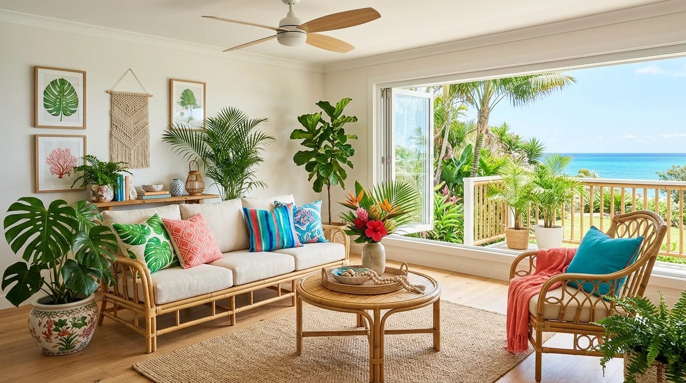 A tropical-inspired living room with bright green, coral, and ocean blue accents, large leafy plants, bamboo furniture, sunlit airy space, fresh and lively mood, no people