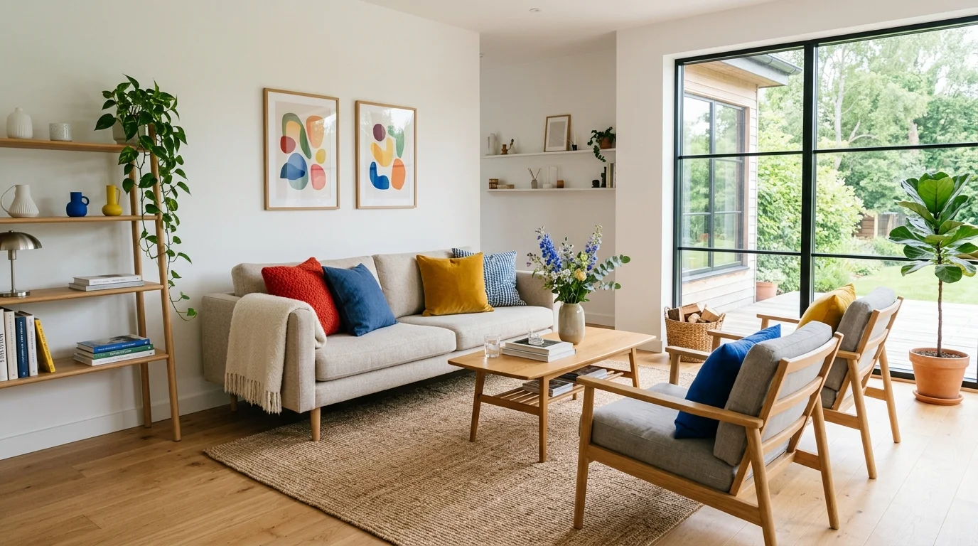 A Scandinavian colorful living room with neutral base and pops of bright cushions in red, blue, and yellow, minimal furniture, clean lines, soft natural daylight, no people