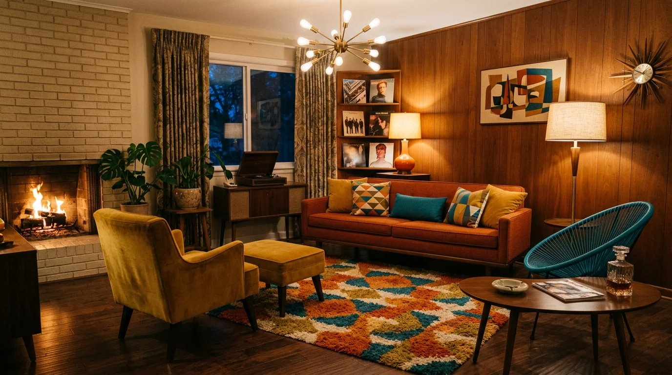 A retro-inspired living room with mid-century furniture in orange, teal, and mustard tones, geometric rugs, vintage lamps, warm nostalgic lighting, no people