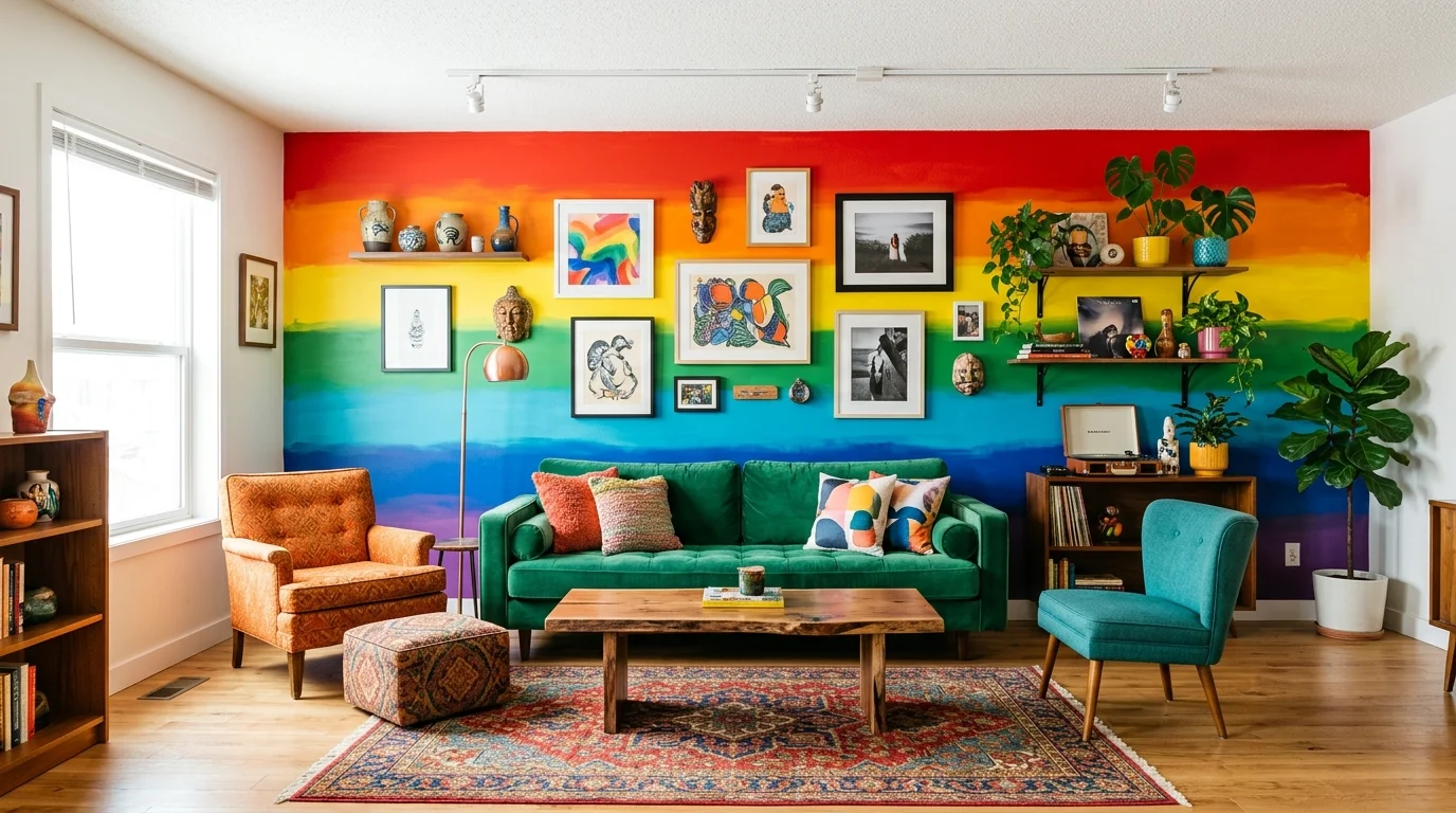 A vibrant artistic living room with painted accent wall in rainbow tones, eclectic furniture pieces, creative decor objects, gallery-style aesthetic, bright studio lighting, no people
