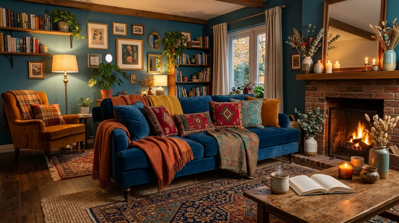 A cozy colorful living room with jewel-toned velvet sofa, layered throws, warm lighting, and textured rugs, intimate inviting atmosphere, no people