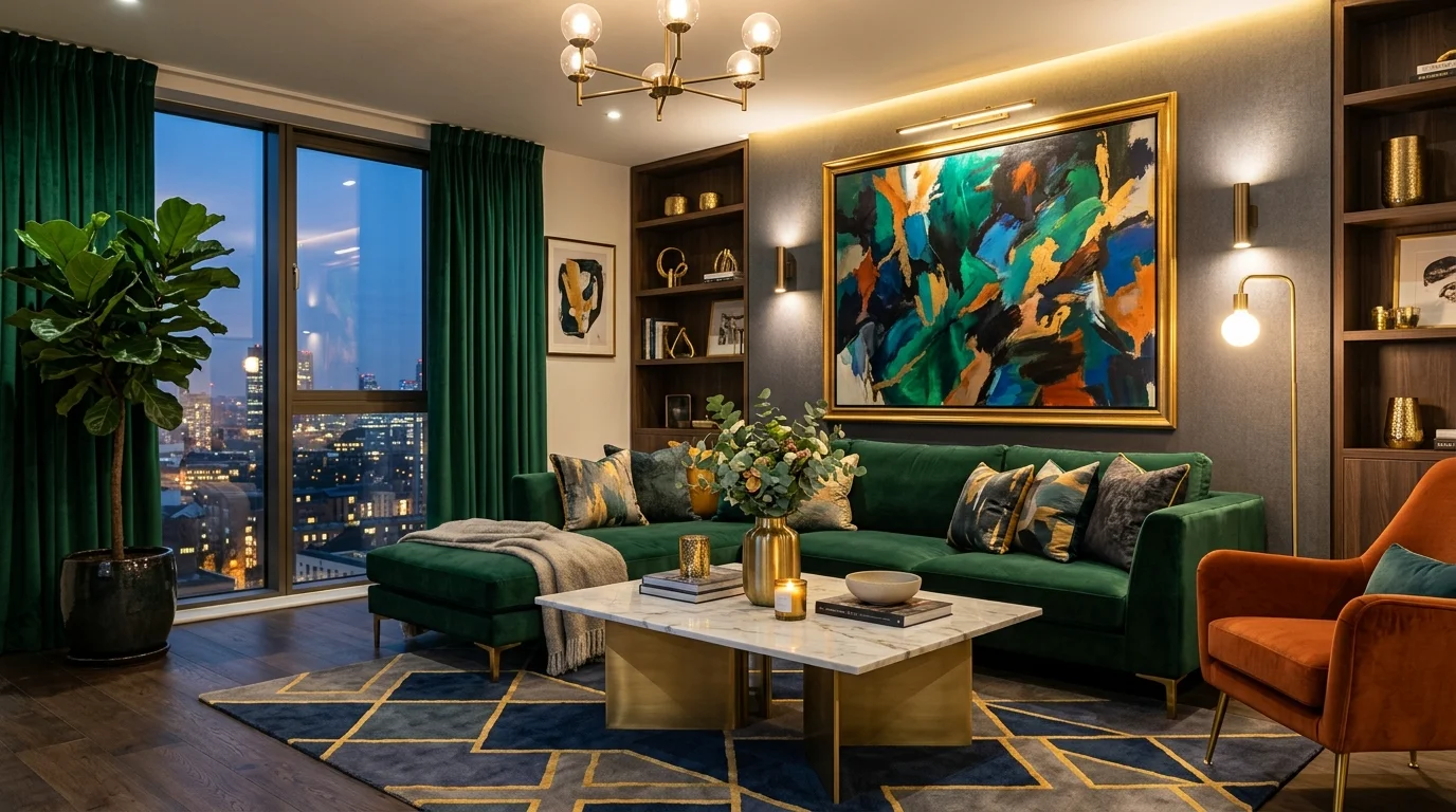 A modern luxury colorful living room with emerald green velvet sofa, gold accents, marble coffee table, and bold abstract art, sophisticated warm lighting, no people
