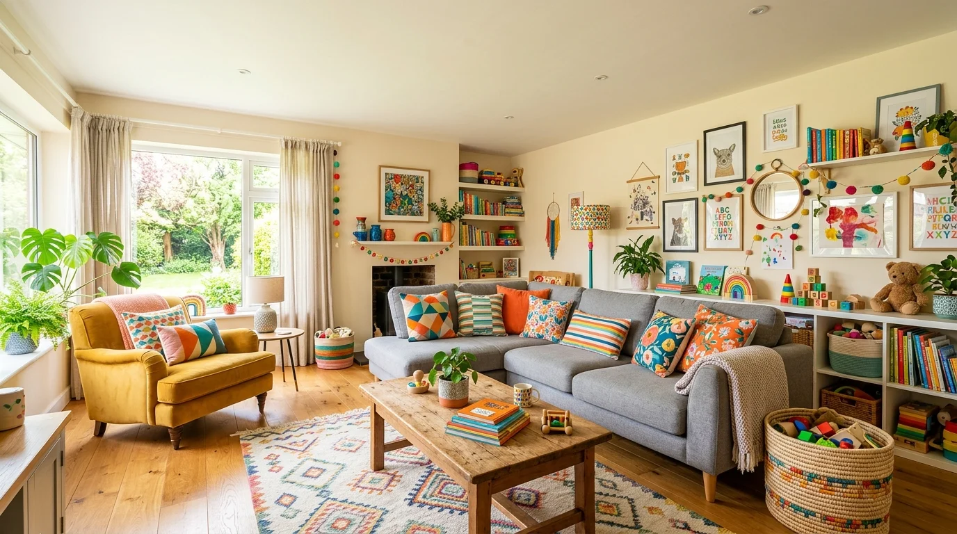 A bright family-friendly living room with multi-colored cushions, playful decor, soft seating, and cheerful layout, natural daylight, lively atmosphere, no people