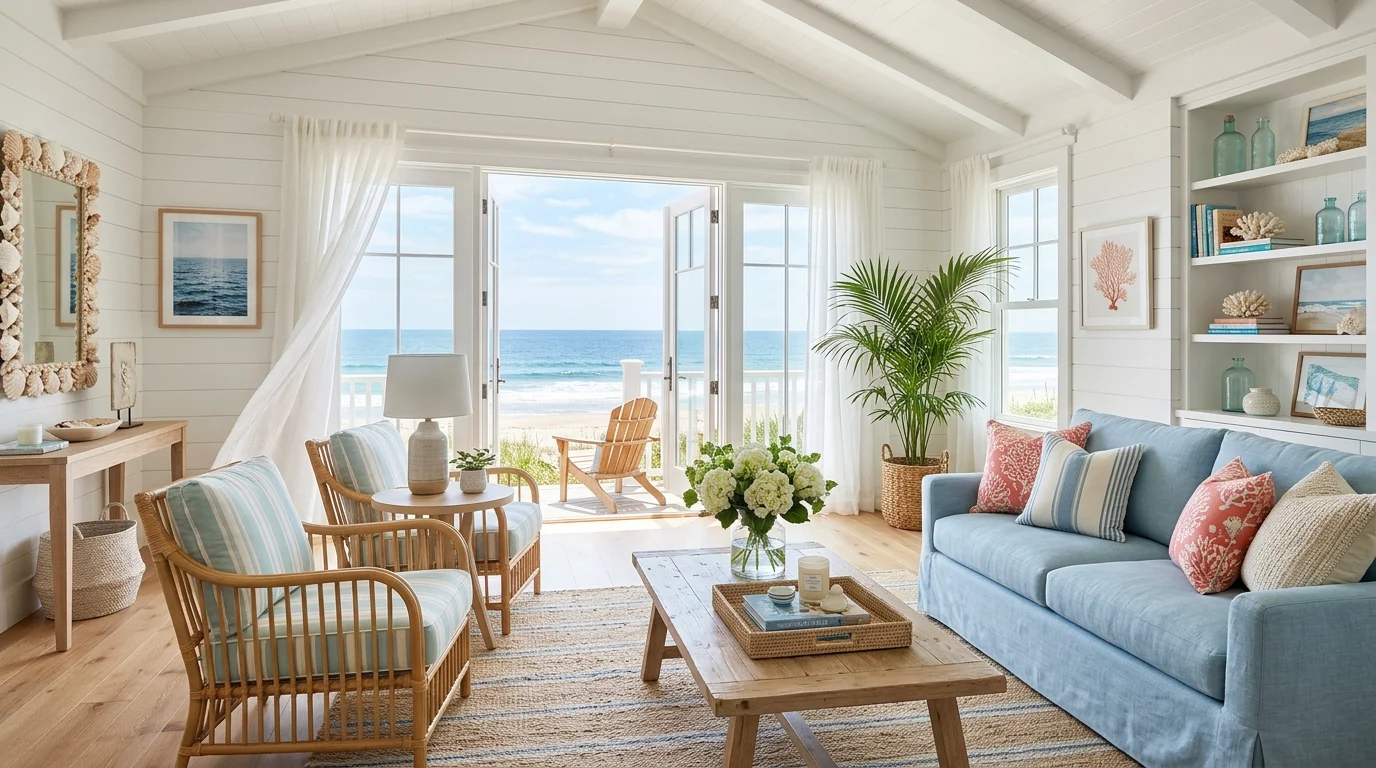 A coastal colorful living room with pastel blues, coral accents, light wood furniture, breezy curtains, fresh airy sunlight, relaxed joyful vibe, no people