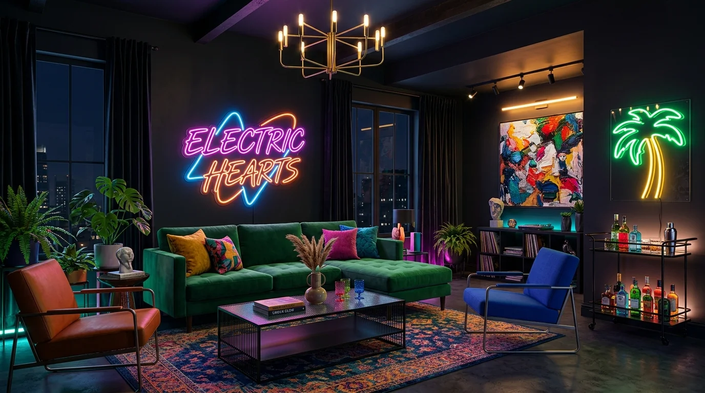 A dramatic colorful living room with dark walls contrasted by neon-inspired decor accents, modern furniture, artistic lighting, bold expressive mood, no people