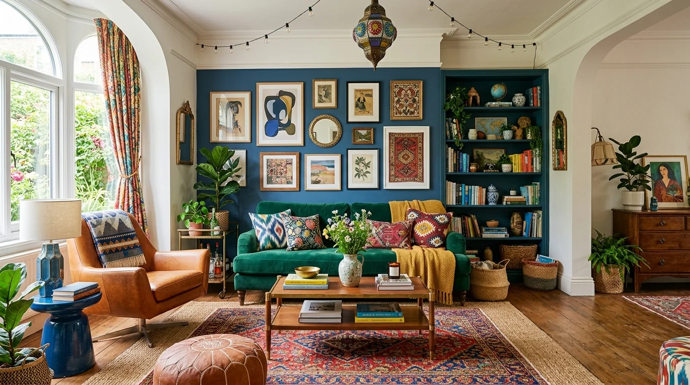 A curated eclectic living room blending warm and cool vibrant colors, layered patterns, statement furniture pieces, and balanced composition, bright inviting lighting, no people