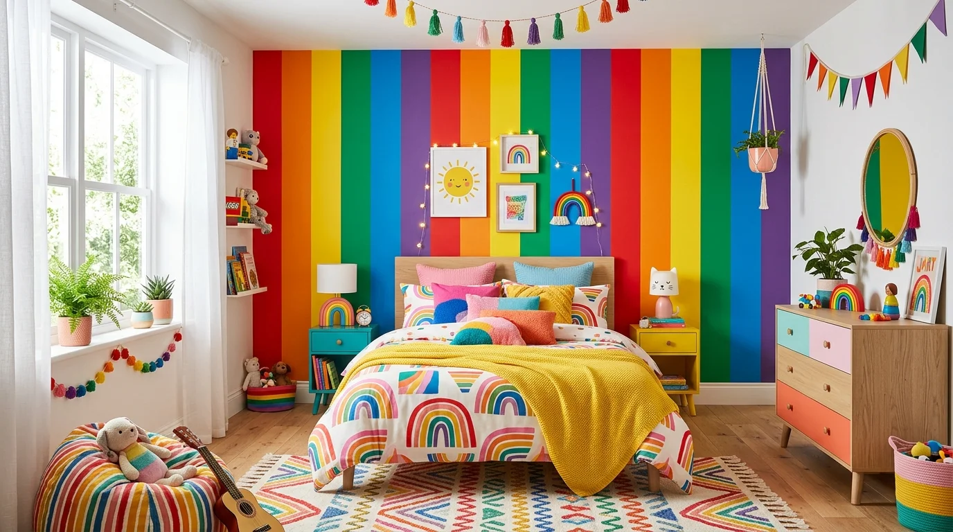 A bedroom with a rainbow accent wall featuring bold stripes paired with colorful bedding and playful decor bright natural lighting joyful lively design no people
