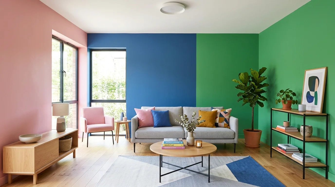 A modern room with color blocked walls in pink blue and green paired with simple furniture bright even lighting playful contemporary style no people