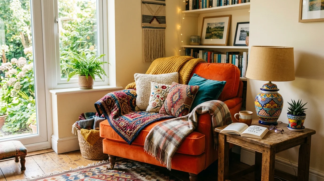 A cozy corner with a bright armchair layered with colorful throws and pillows next to a small table with a vibrant lamp soft natural light happy inviting vibe no people