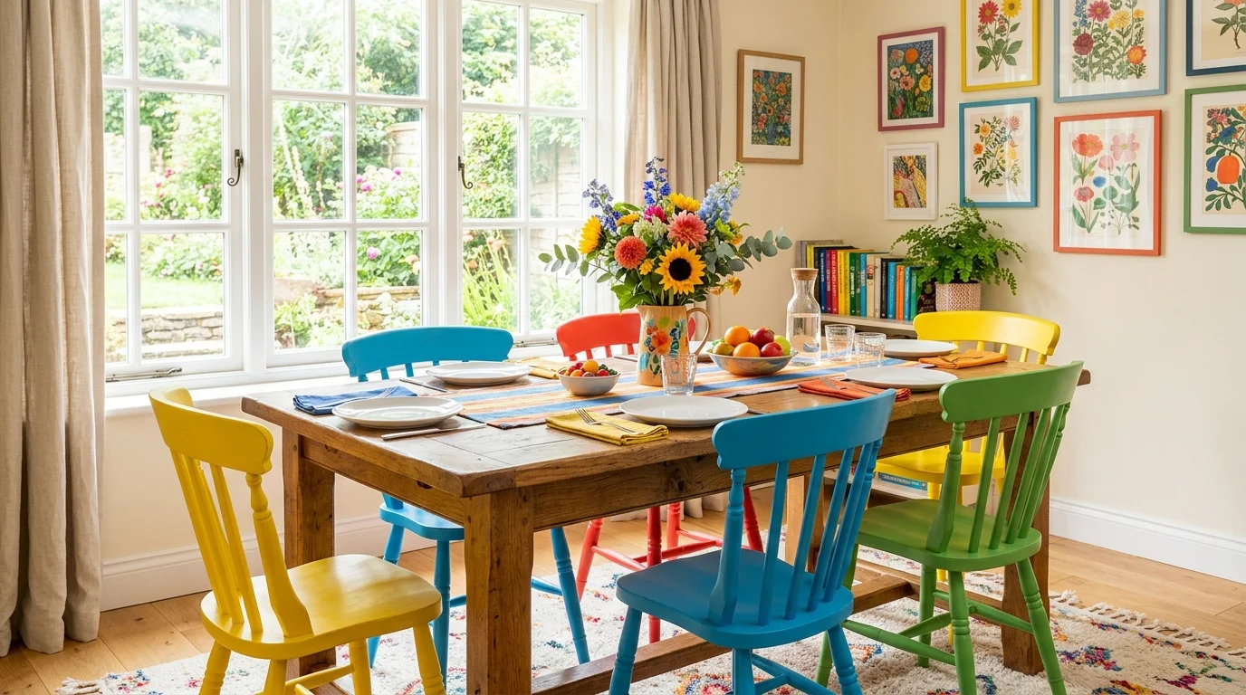 A dining area with brightly painted chairs around a wooden table with a colorful centerpiece bright daylight cheerful lively space no people