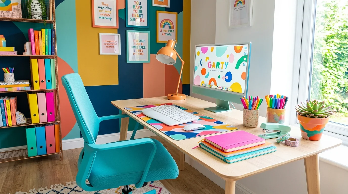 A workspace with a colorful desk setup featuring bright stationery decor and a bold accent wall bright lighting creative inspiring environment no people