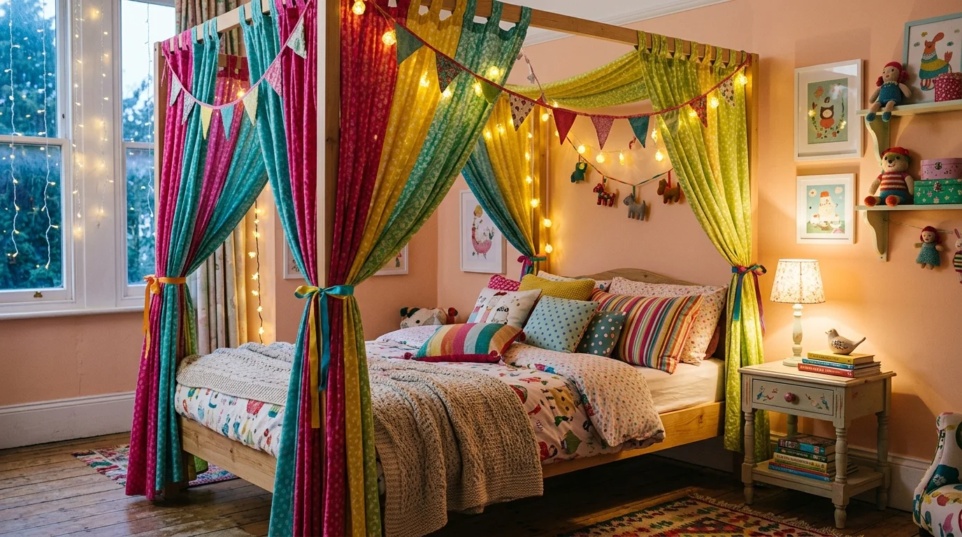 A bedroom with a colorful canopy bed draped with vibrant fabric and playful decor soft lighting whimsical joyful design no people