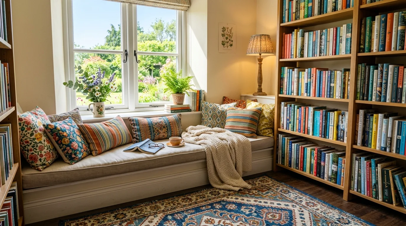 A cozy reading nook with colorful books pillows and a patterned rug bright natural light cheerful relaxing space no people