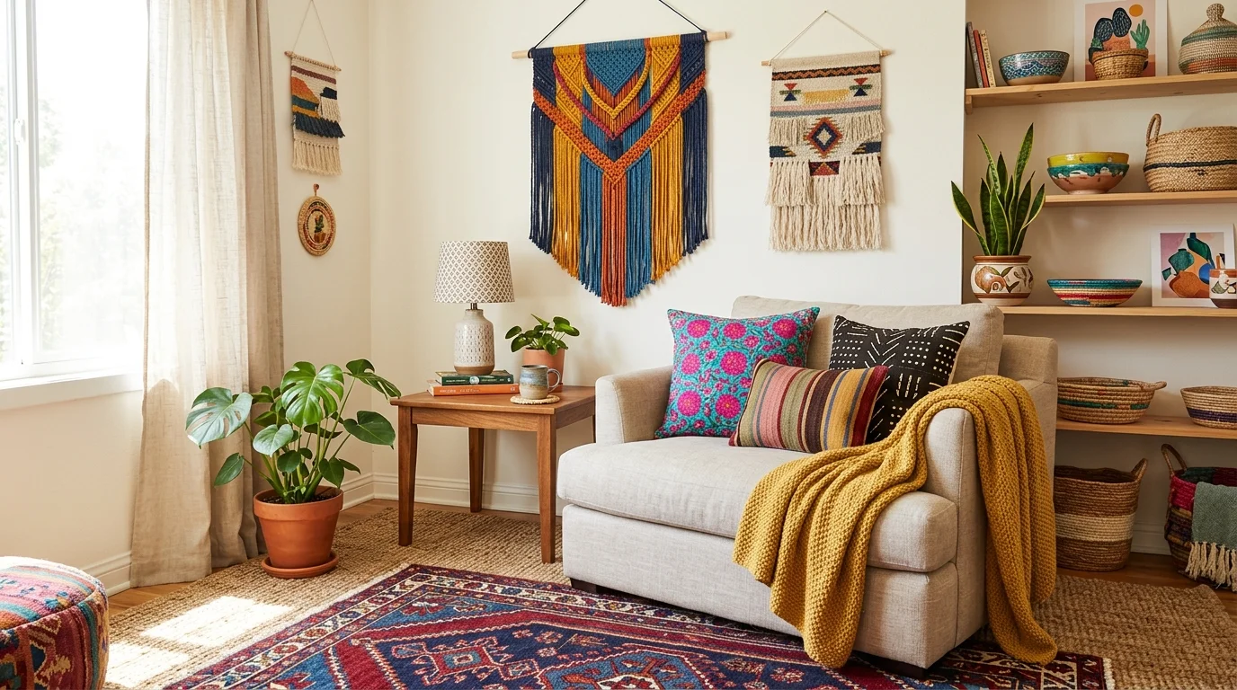 A space with mixed textures and colors including woven decor bright fabrics and layered patterns bright lighting lively cozy feel no people