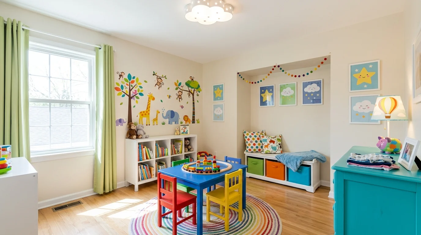 A playful kids room with colorful wall decals bright furniture and cheerful decor bright lighting vibrant happy environment no people