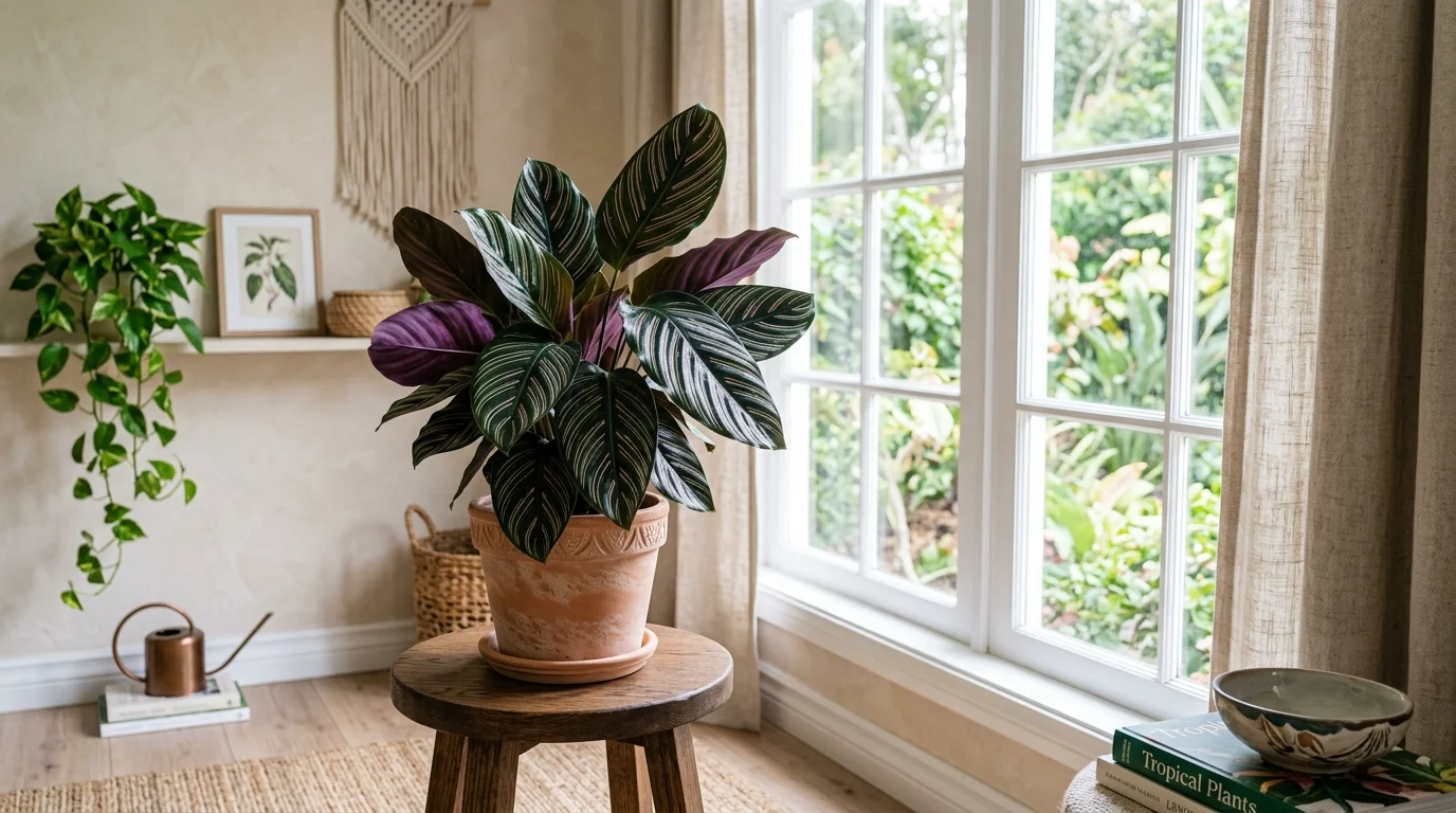A Calathea ornata with deep green leaves and purple undersides placed on a wooden stand near a window soft natural lighting elegant tropical decor no people