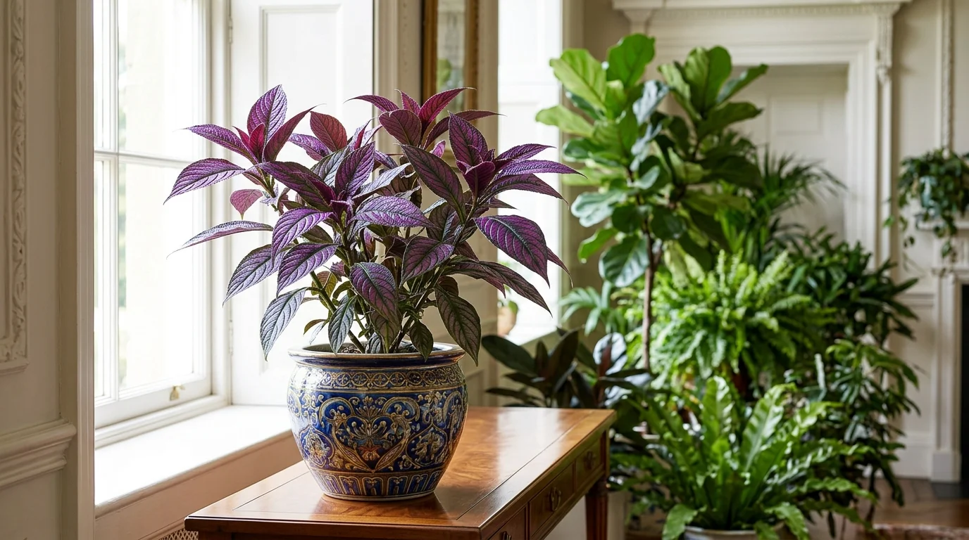 A Persian shield plant with metallic purple leaves placed in a decorative pot bright natural daylight striking regal indoor greenery no people