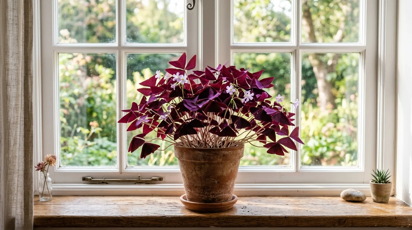 A purple oxalis plant with delicate triangular leaves arranged on a windowsill bright light showcasing its vivid color charming indoor accent no people