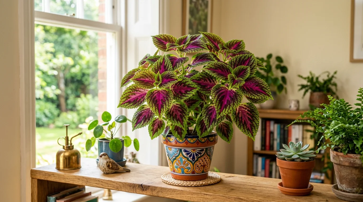 A Coleus plant with purple and green patterned foliage displayed on a shelf bright natural lighting colorful decorative houseplant no people