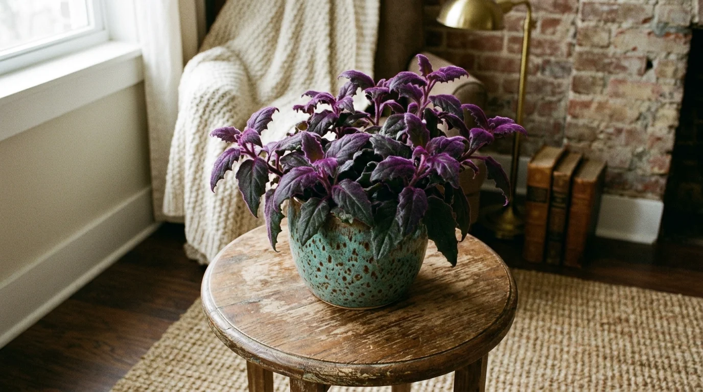 A velvet plant with fuzzy deep purple leaves placed on a side table soft lighting unique textured indoor plant no people