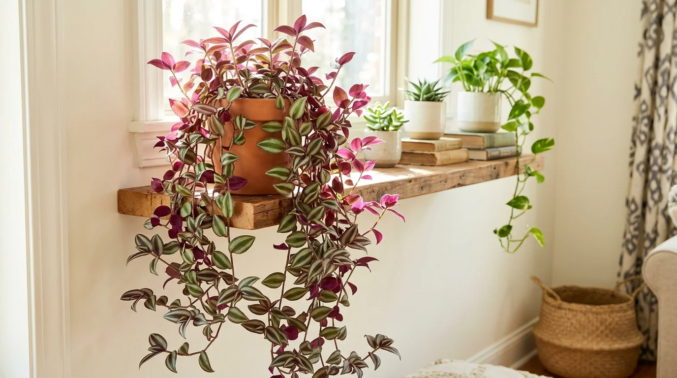 A Wandering Jew plant trailing from a shelf with purple toned leaves bright natural daylight vibrant cascading greenery no people