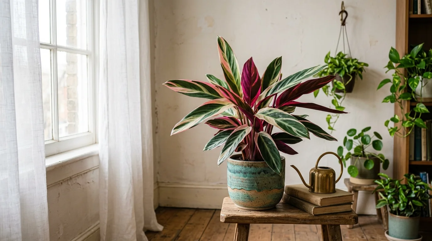 A Stromanthe plant with pink and purple hues placed in a bright corner soft natural light exotic colorful plant decor no people
