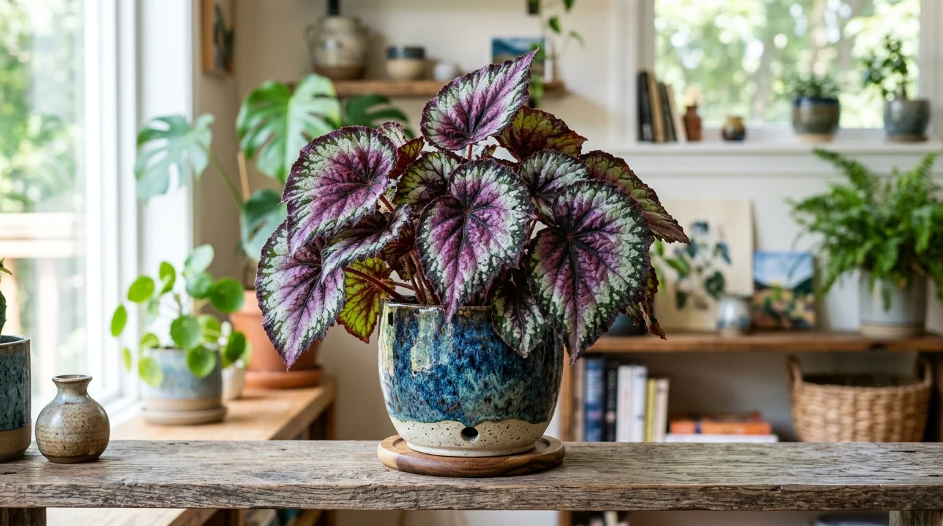 A Rex begonia with intricate purple patterns on its leaves placed in a ceramic pot bright lighting artistic indoor plant feature no people