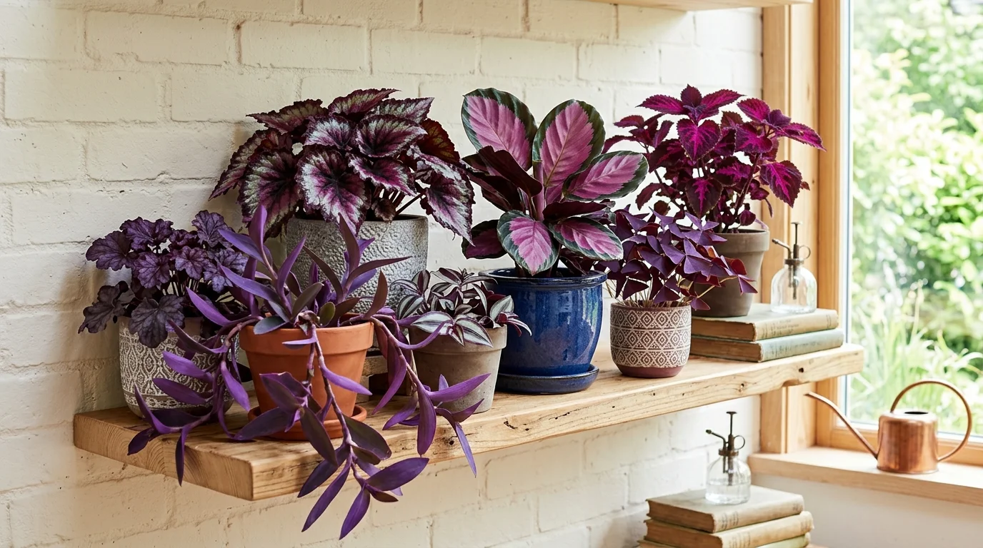 A grouping of purple foliage plants arranged together on a shelf bright natural daylight creating a bold colorful indoor garden no people