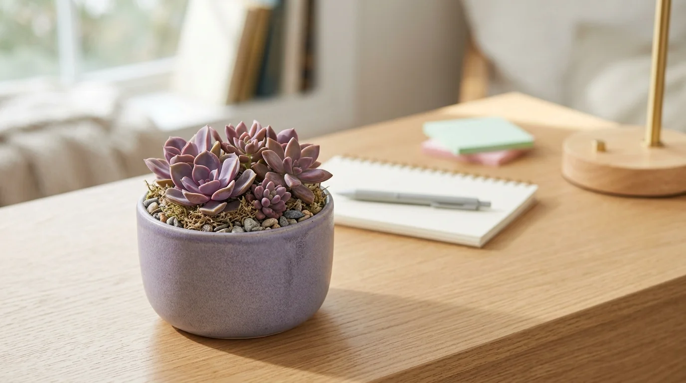 A small purple succulent arrangement placed on a desk bright lighting subtle yet stylish pop of color no people