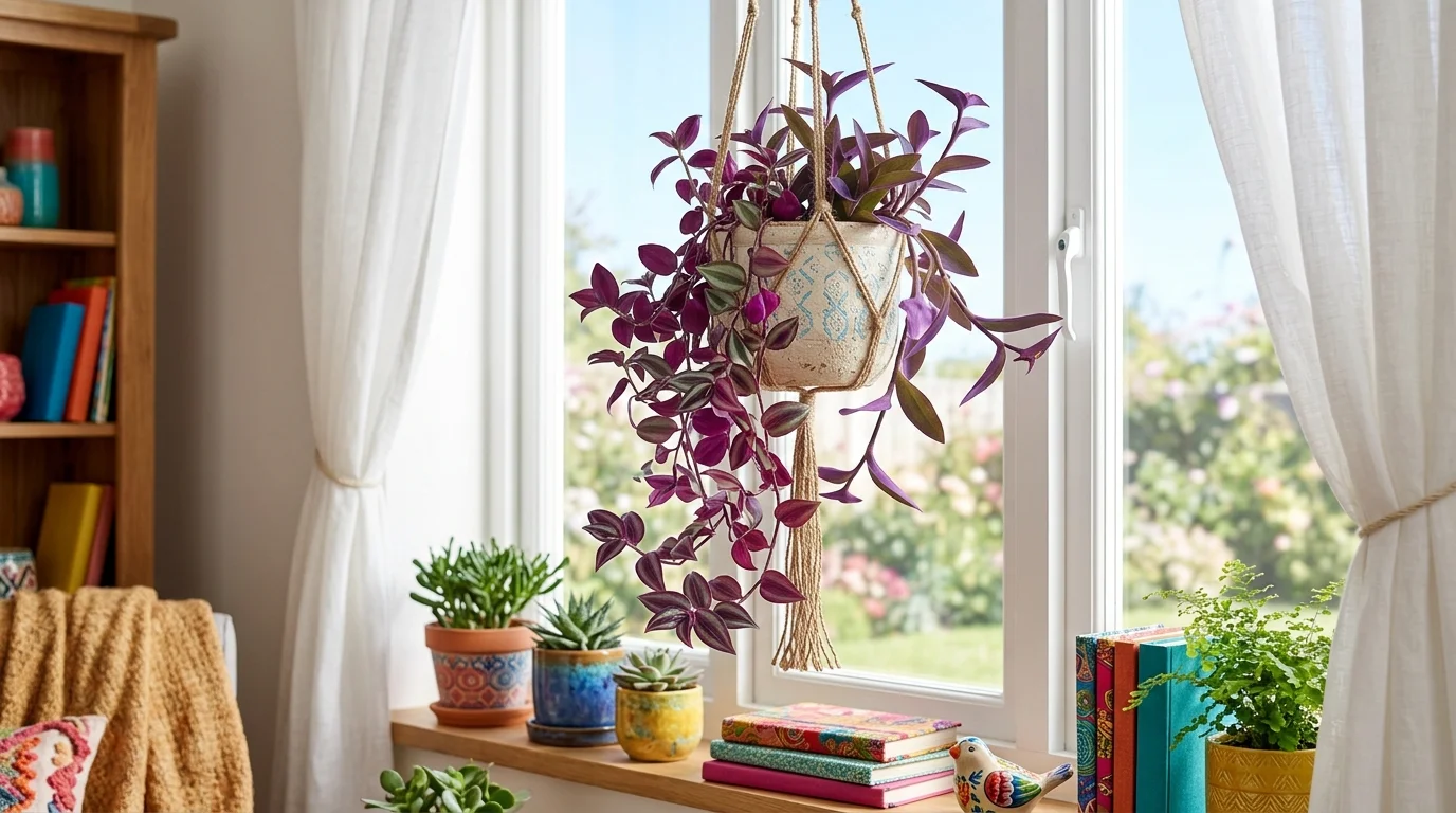 A hanging planter with trailing purple vines placed near a window bright natural light lively vibrant decor no people