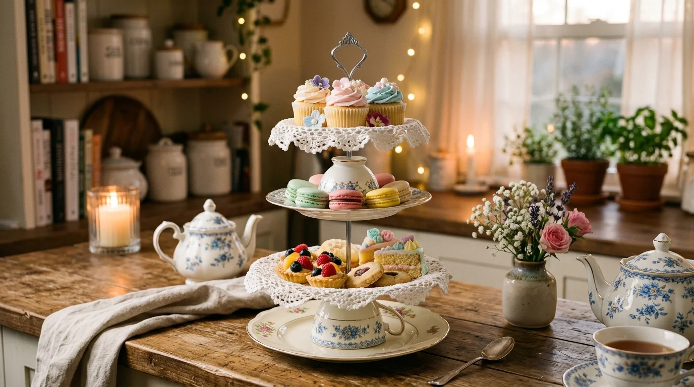 A DIY tiered dessert stand crafted from stacked antique plates and a porcelain teacup base, styled with lace doilies and pastel decor, warm cozy kitchen lighting, no people